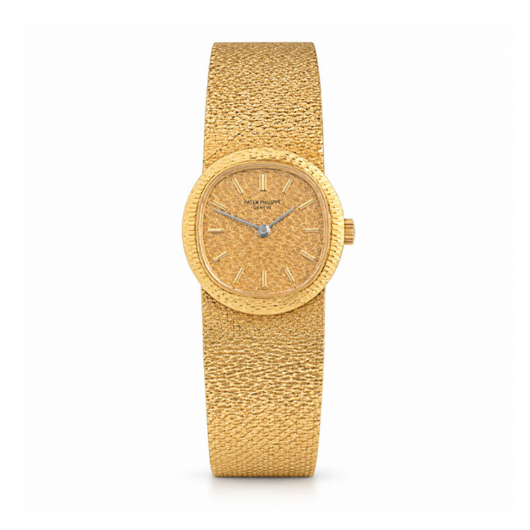 Vintage Patek Philippe Ellipse 4139/1 18K gold ladies bracelet watch with a sleek, elegant design and classic round dial.
