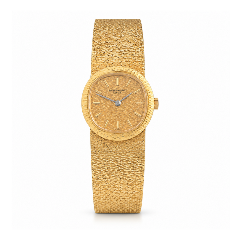 Vintage Patek Philippe Ellipse 4139/1 18K gold ladies bracelet watch with a sleek, elegant design and classic round dial.