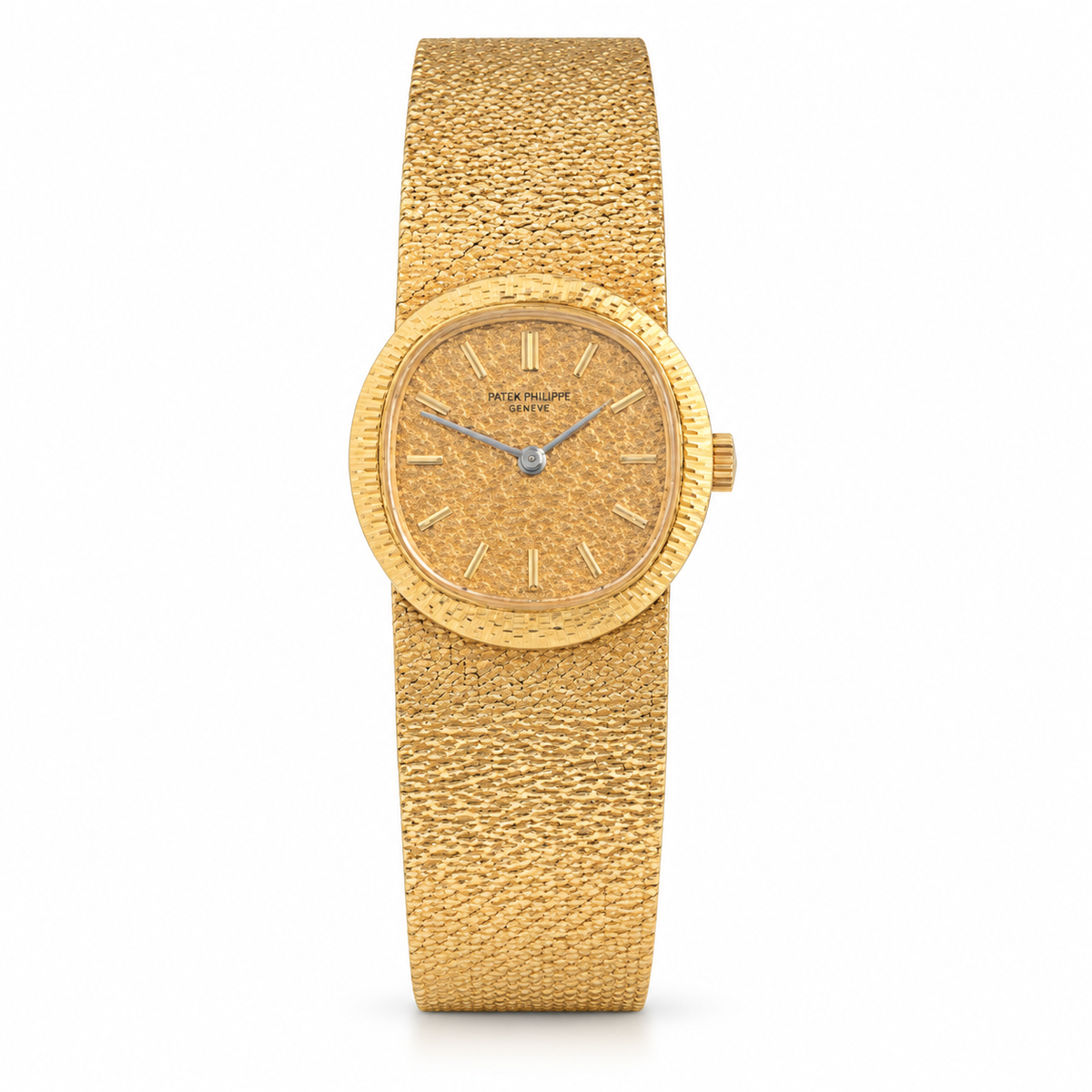 Vintage Patek Philippe Ellipse Reference 4139/1 ladies’ 18K gold manual-wind bracelet watch with textured dial, hammered bezel and integral woven gold bracelet.
