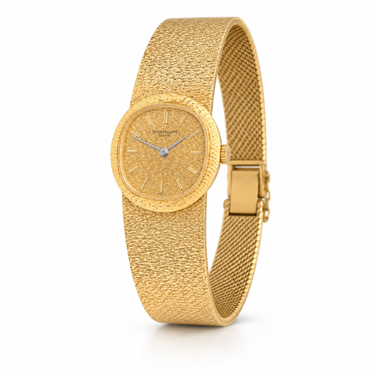 Vintage Patek Philippe Ellipse Reference 4139/1 ladies’ 18K gold manual-wind bracelet watch with textured dial, hammered bezel and integral woven gold bracelet.