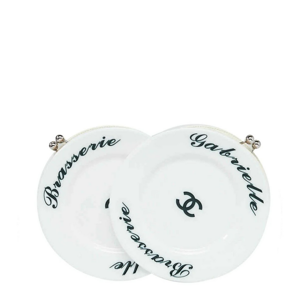 White Chanel Brasserie Gabrielle Plate clutch bag with sleek design and elegant details, perfect for stylish evening wear.
