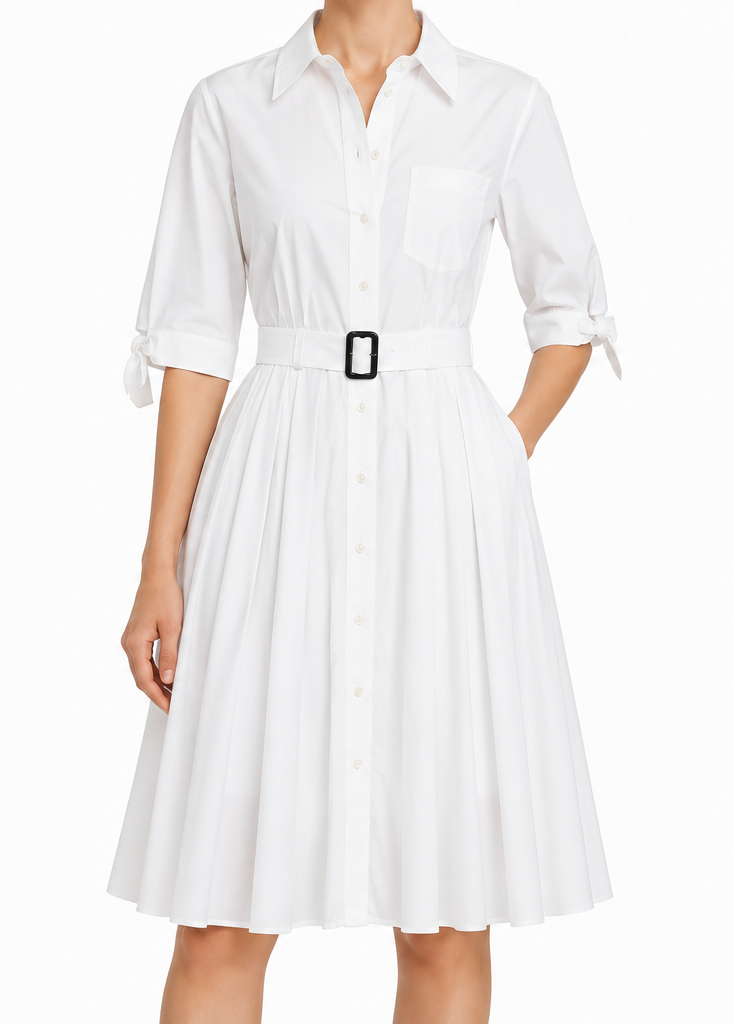 White Prada pleated shirt dress with long sleeves and a classic collar, styled with a flowing, elegant silhouette.