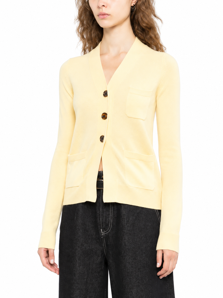 Yellow cashmere cardigan by Chloé, soft knit sweater with long sleeves and open front, displayed on a neutral background.