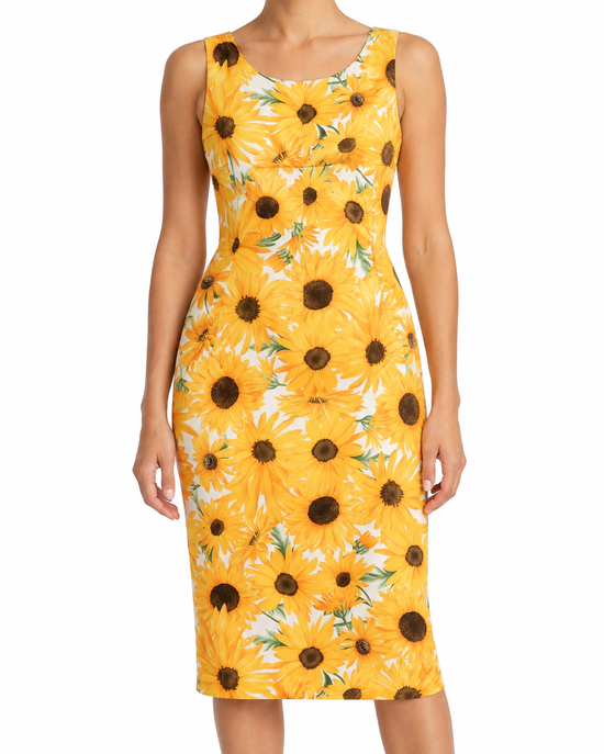 Yellow sunflower dress from Other Designers, lightweight sleeveless dress with a floral pattern and flowing fabric.