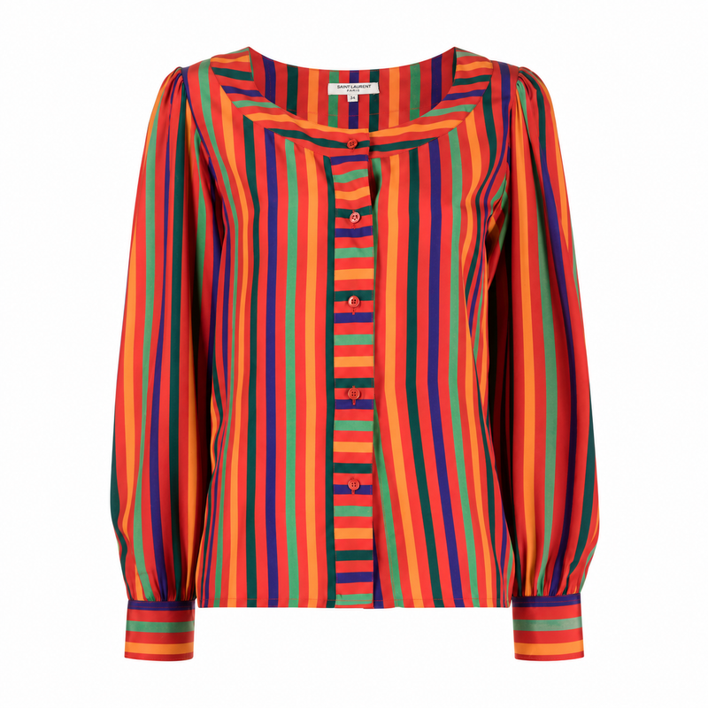 Yves Saint Laurent Rive Gauche striped silk blouse, elegant top with classic pattern, shown styled with fashionable outfit.
