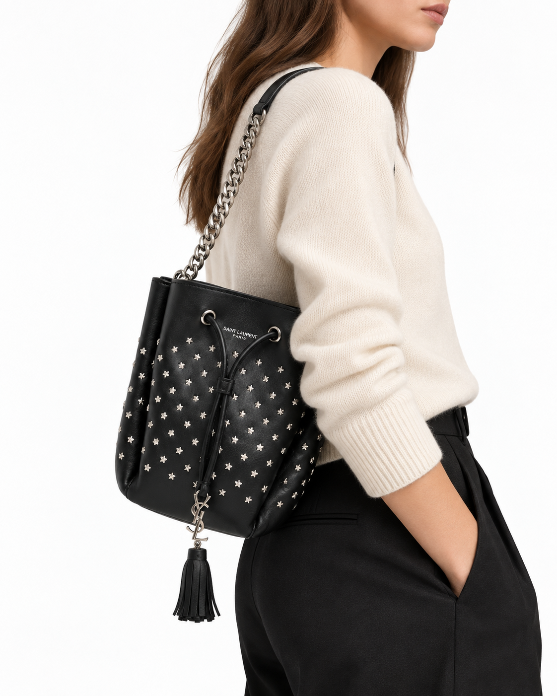 Yves Saint Laurent Small Emmanuelle Bucket Bag in leather, featuring shoulder strap and stylish design.