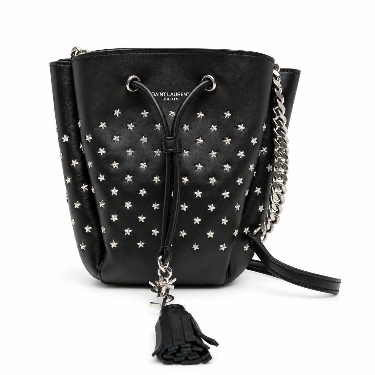 Yves Saint Laurent Small Emmanuelle Bucket Bag in leather, featuring shoulder strap and stylish design.