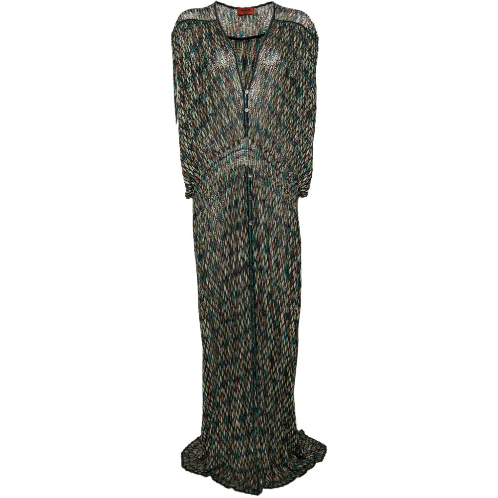 Pre-owned MISSONI Zigzag Beach Dress with vibrant multicolored pattern and flowing fabric, perfect for summer beach outings.
