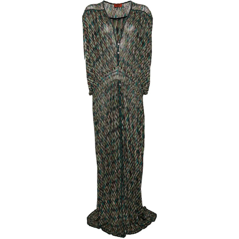 Missoni zigzag beach maxi dress with colorful striped pattern, flowing fabric, and sleeveless design perfect for summer outdoor wear.
