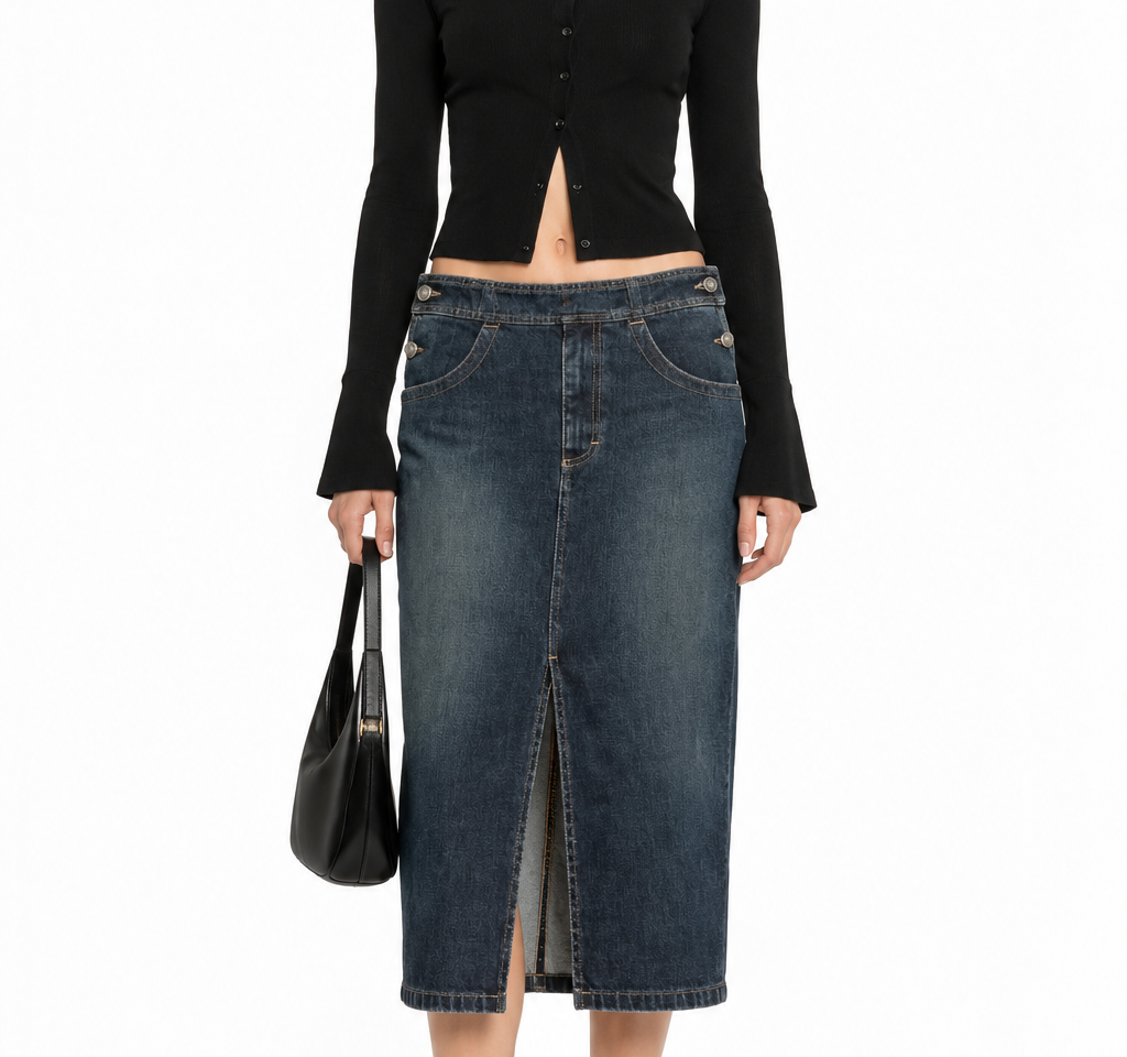 a dark blue denim midi skirt with a front slit, 