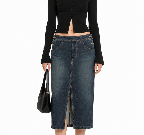a dark blue denim midi skirt with a front slit, 