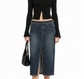 a dark blue denim midi skirt with a front slit, 