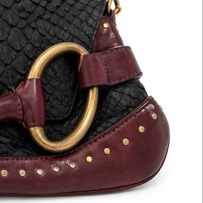 Close-up of Gucci 2003 Tom Ford Horsebit Python Shoulder Bag focusing on hardware and textured python leather.