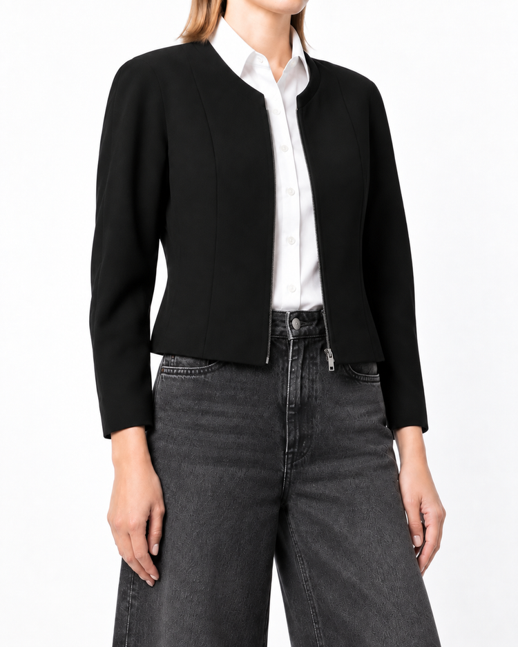 Chanel black cropped zip-up jacket with long sleeves, round neckline, central zip fastening and fitted panelled silhouette.