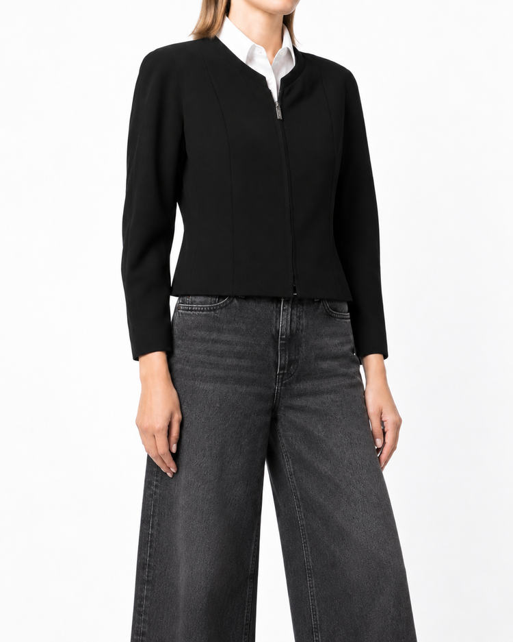 Chanel black cropped zip-up jacket with long sleeves, round neckline, central zip fastening and fitted panelled silhouette.
