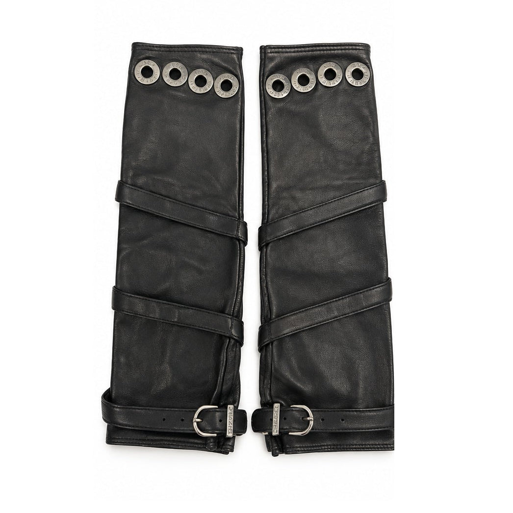 Black Chanel lambskin long fingerless gloves with a sleek, luxurious design, perfect for stylish cold-weather wear.