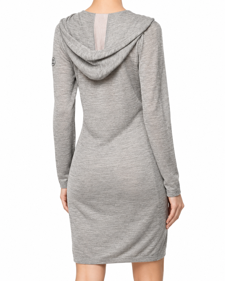 Chanel long grey hooded lounge top, soft fabric with a relaxed fit, featuring a hood and casual style for comfortable wear.
