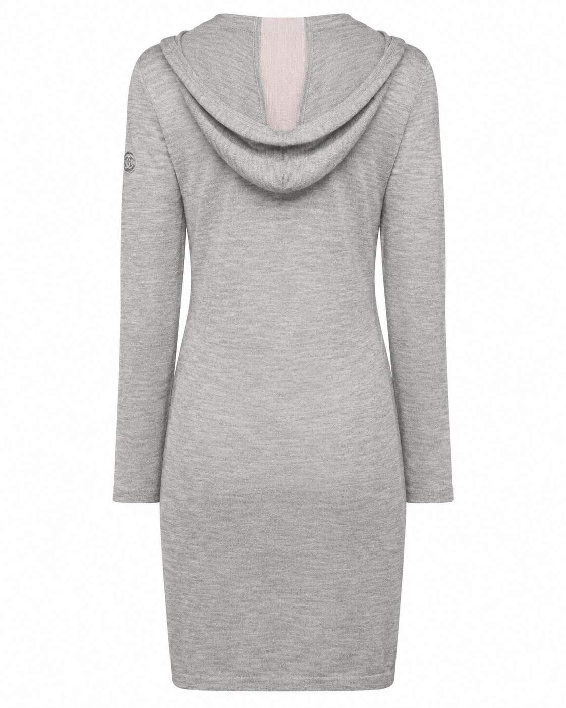 Chanel long grey hooded lounge top, soft fabric, relaxed fit, with hoodie and long sleeves, casual and comfortable style.