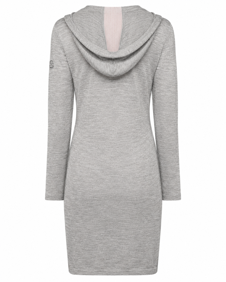 Chanel long grey hooded lounge top, soft fabric, relaxed fit, with hoodie and long sleeves, casual and comfortable style.