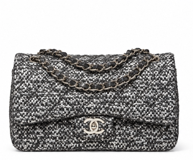 Silver tweed Chanel shoulder bag with sequins and double flap design, front view showcasing elegant craftsmanship.