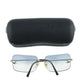 Chanel rimless sunglasses with blue lenses and sleek frame, displayed with their box on a white background.