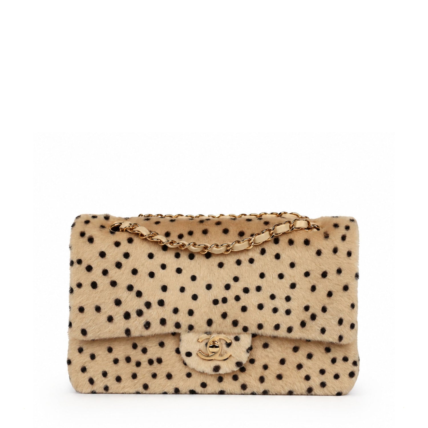 Chanel cheetah print medium flap handbag with gold hardware, featuring a stylish animal print design and elegant craftsmanship.