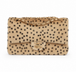 A beige faux fur double flap Chanel cheetah print  handbag with  featuring a gold-tone chain strap and a gold interlocking CC logo on the front flap, set against a plain white background.