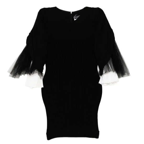 Black Rib Knit & Tulle Inset Detailed Mini Dress