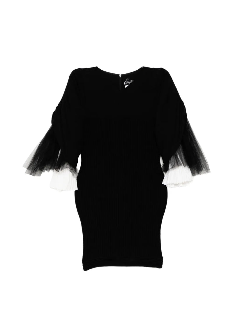 Black Rib Knit & Tulle Inset Detailed Mini Dress
