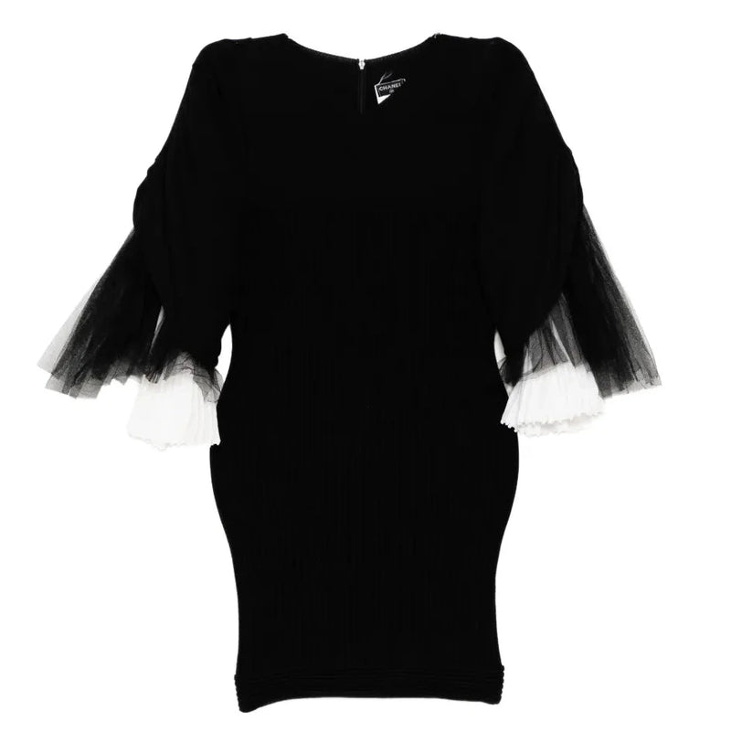 Black Rib Knit & Tulle Inset Detailed Mini Dress