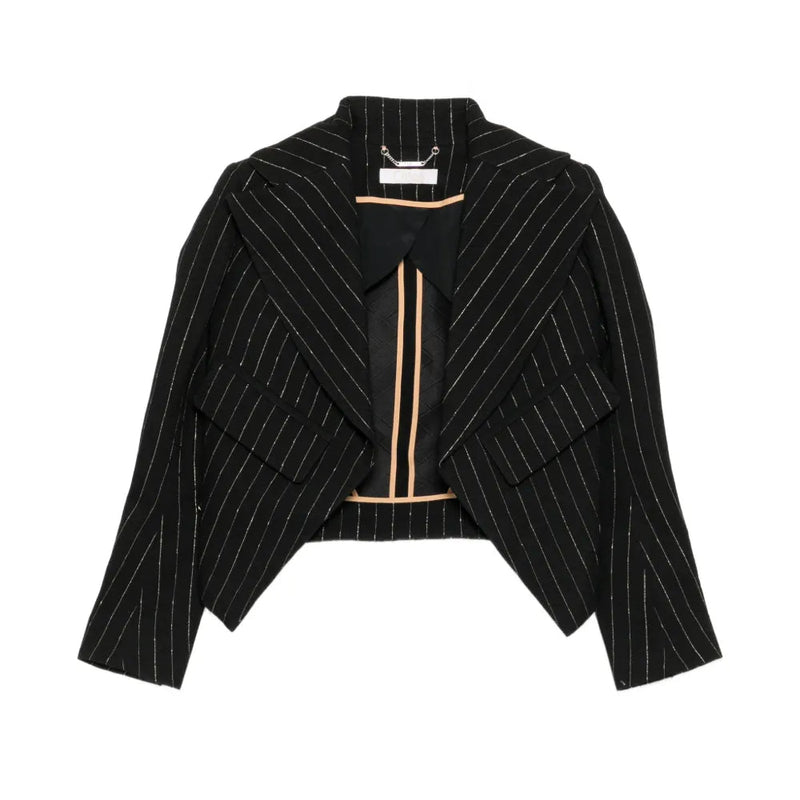 Chloé cropped black blazer with gold pinstripe detailing, tailored fit, and classic lapel, perfect for stylish formal or casual wear.
