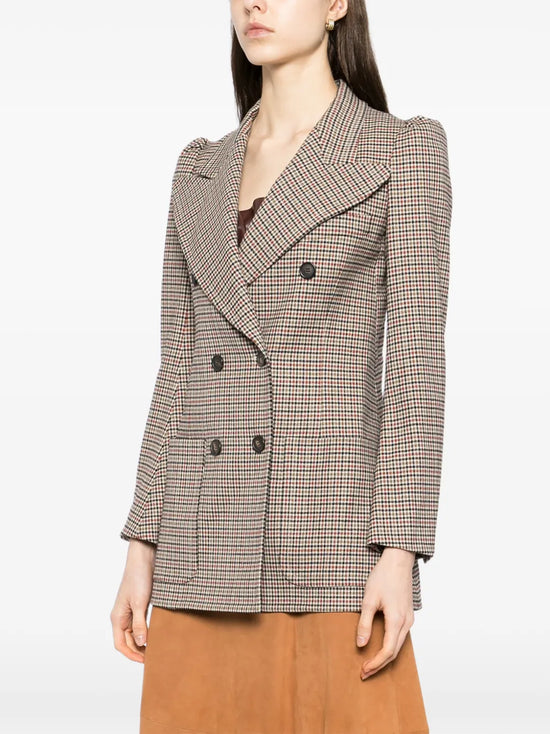 Chloé multicolour houndstooth double-breasted blazer with wide peak lapels, structured shoulders, dark buttons and front flap pockets.