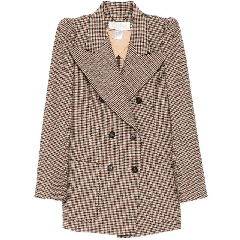 Chloé multicolour houndstooth double-breasted blazer with wide peak lapels, structured shoulders, dark buttons and front flap pockets.