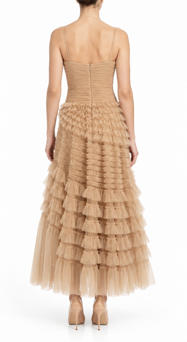 Dior powder strapless gown dress shown from the back on a model, featuring elegant fabric and a flowing silhouette.