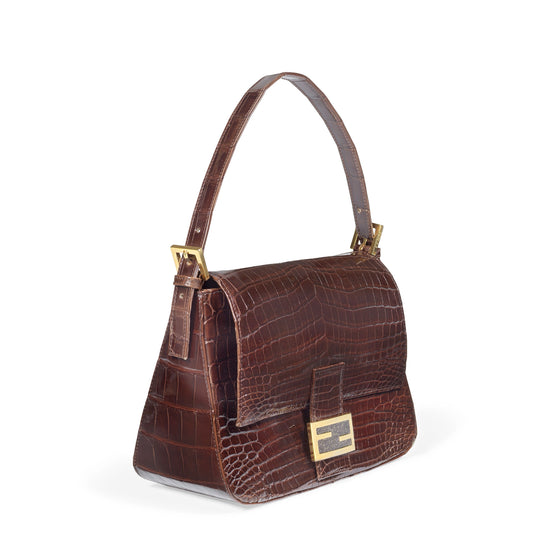 Fendi Mama Brown crocodile-patterned handbag with gold accents 