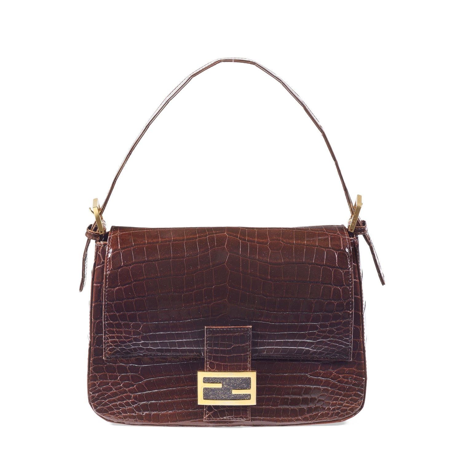 Rare vintage Fendi Mama Baguette crafted in glossy brown crocodile leather with gold-tone FF hardware. An iconic early 2000s shoulder bag and highly collectible Y2K investment piece.