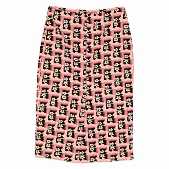 Prada floral cloqué jacquard pencil skirt with intricate floral pattern, front view showcasing elegant design and textured fabric.