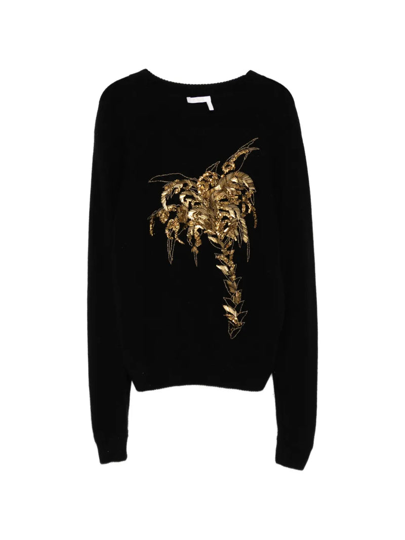 Gold-Embellished Black Knit Sweater