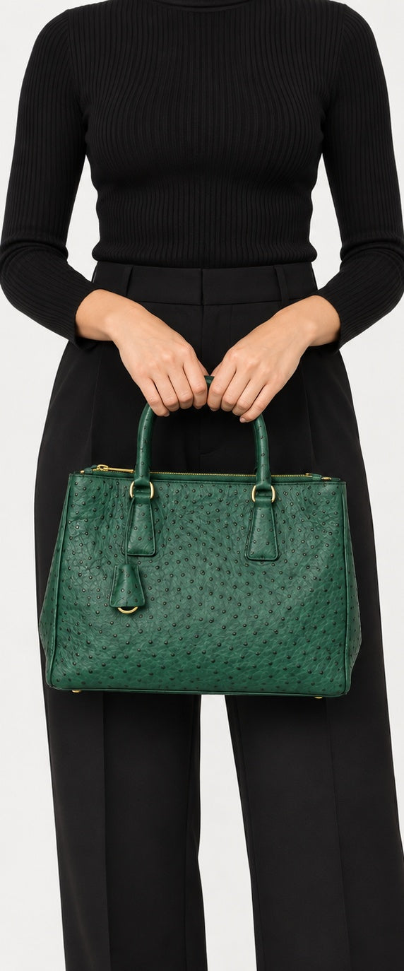 Pre-owned Prada green ostrich leather Double Zip Galleria handbag, front view