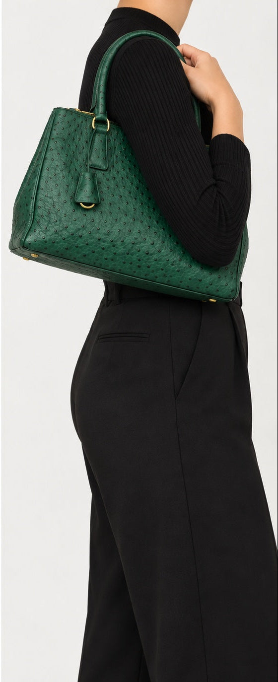 Pre-owned Prada green ostrich leather Double Zip Galleria handbag