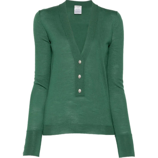 Pre-owned green wool top by CHANEL, stylish and cozy with a classic fit, perfect for elegant casual wear.