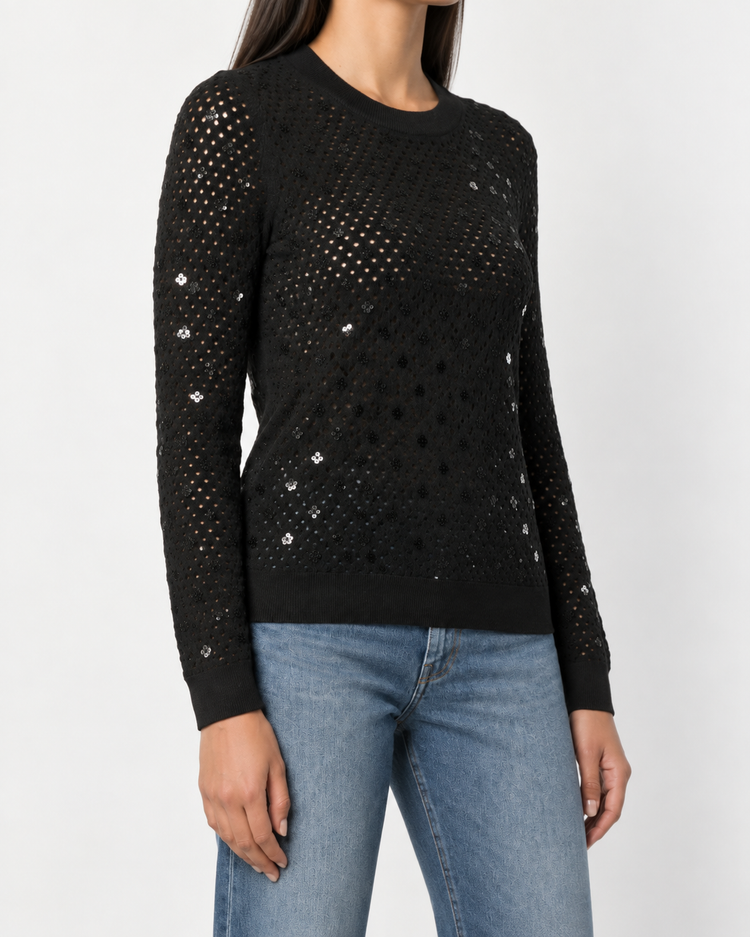Louis Vuitton black sequin embellished top with shimmering details, stylish and elegant women’s fashion top.