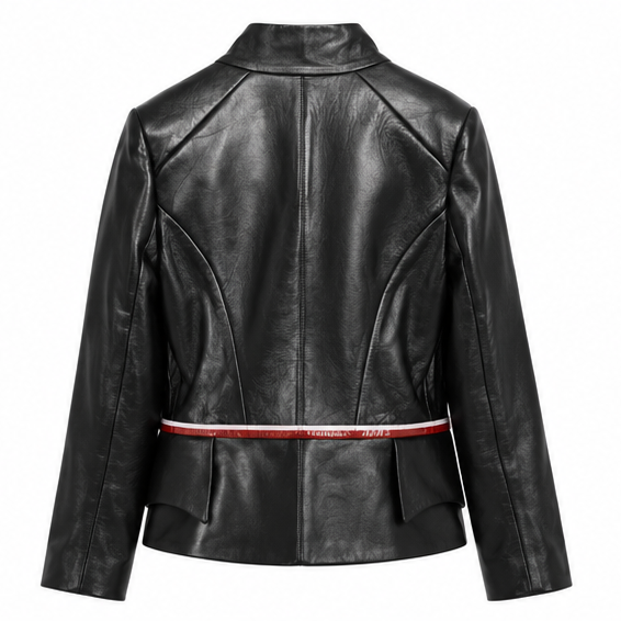 Louis Vuitton black leather jacket with gold-tone Monogram front panel, high stand collar, asymmetric button fastening and red and white waist trim.