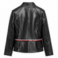 Louis Vuitton black leather jacket with gold-tone Monogram front panel, high stand collar, asymmetric button fastening and red and white waist trim.