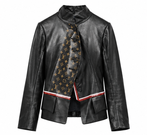 Louis Vuitton black leather jacket with gold-tone Monogram front panel, high stand collar, asymmetric button fastening and red and white waist trim.