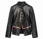 Louis Vuitton black leather jacket with gold-tone Monogram front panel, high stand collar, asymmetric button fastening and red and white waist trim.