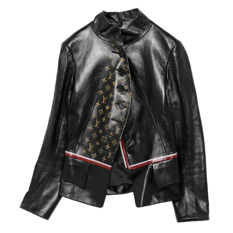 Black Louis Vuitton monogram leather jacket with sleek design and stylish detailing, perfect for fashionable outerwear.