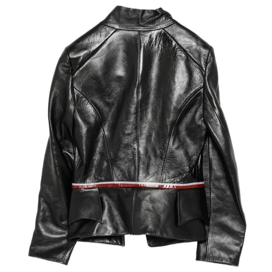 Back view of Louis Vuitton black monogram leather jacket, stylish blazer with iconic LV monogram pattern and sleek design.