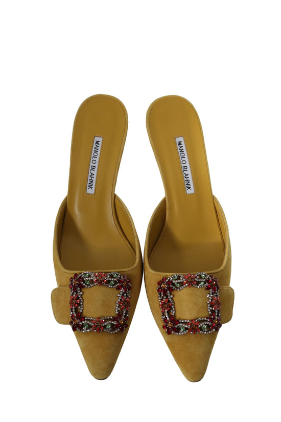 Manolo Blahnik Maysale Yellow Suede Buckle Mules