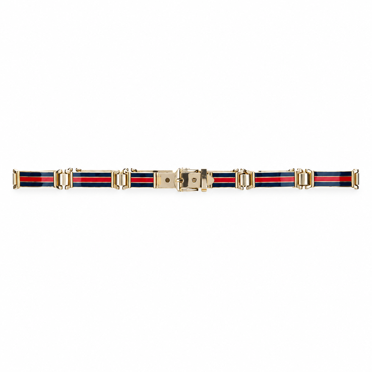 Vintage 1970s Gucci metal link belt with striped pattern, showcasing bold metal links and colorful striped design.